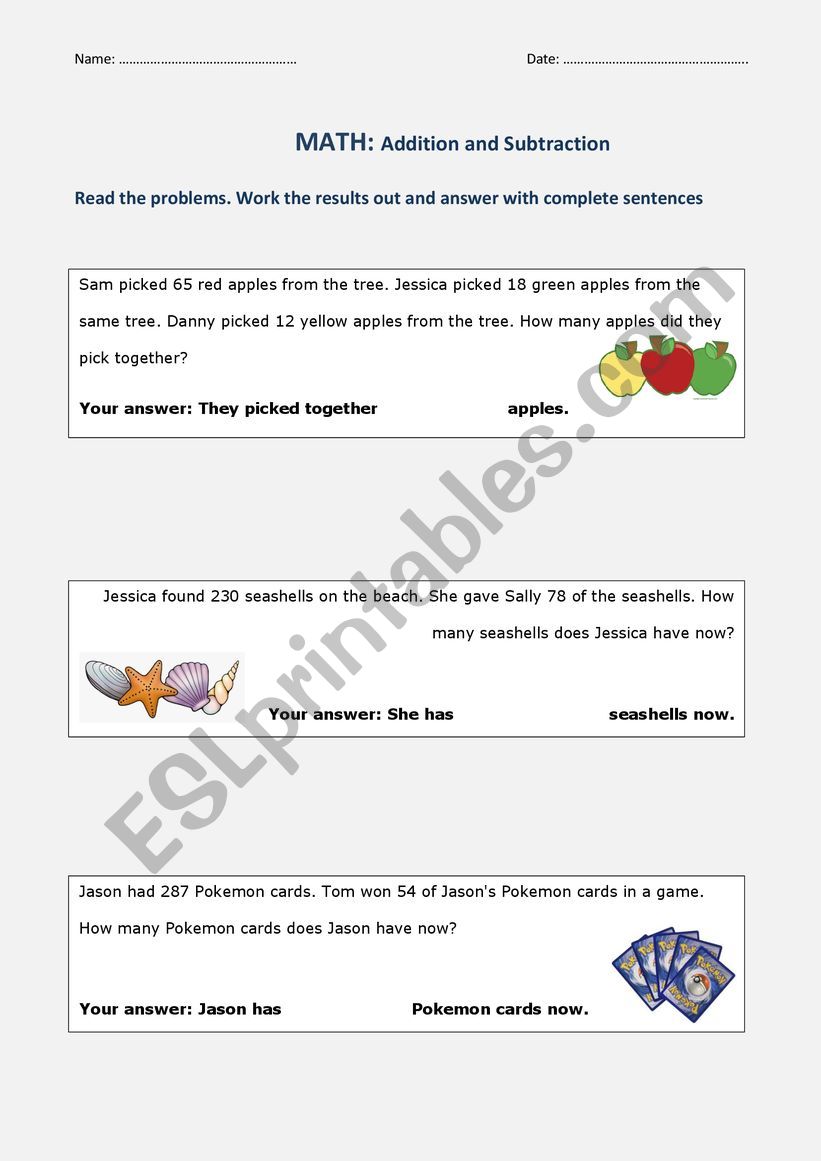 Math - Word Problems (addition and subtraction)