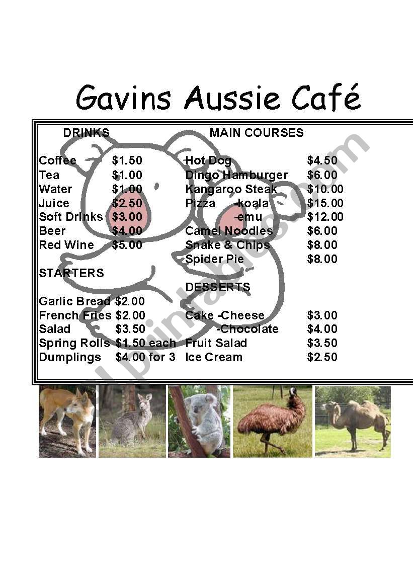 GavinÂ´s Aussie Cafe Menu worksheet