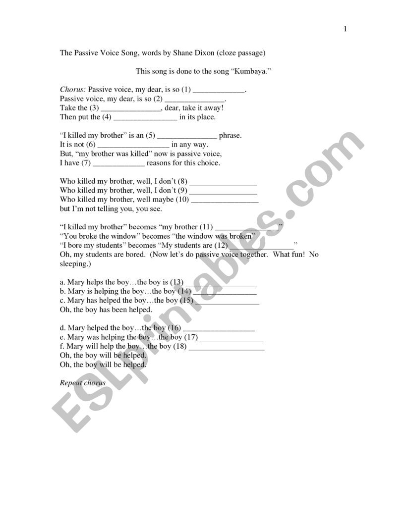 The Passive Voice Song, words by Shane Dixon (cloze passage)