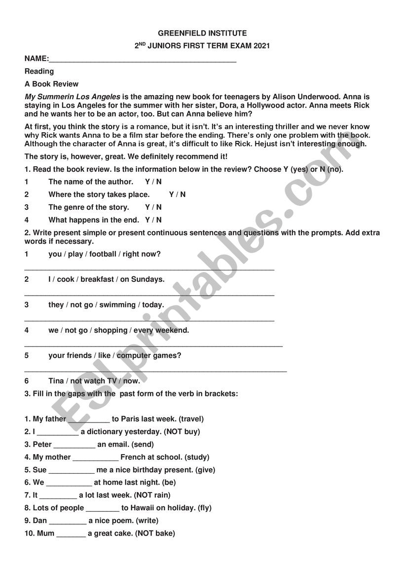 2nd juniors exam worksheet