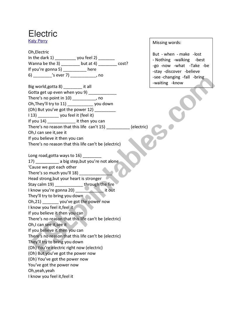 Song Electric   By Katy Perry worksheet