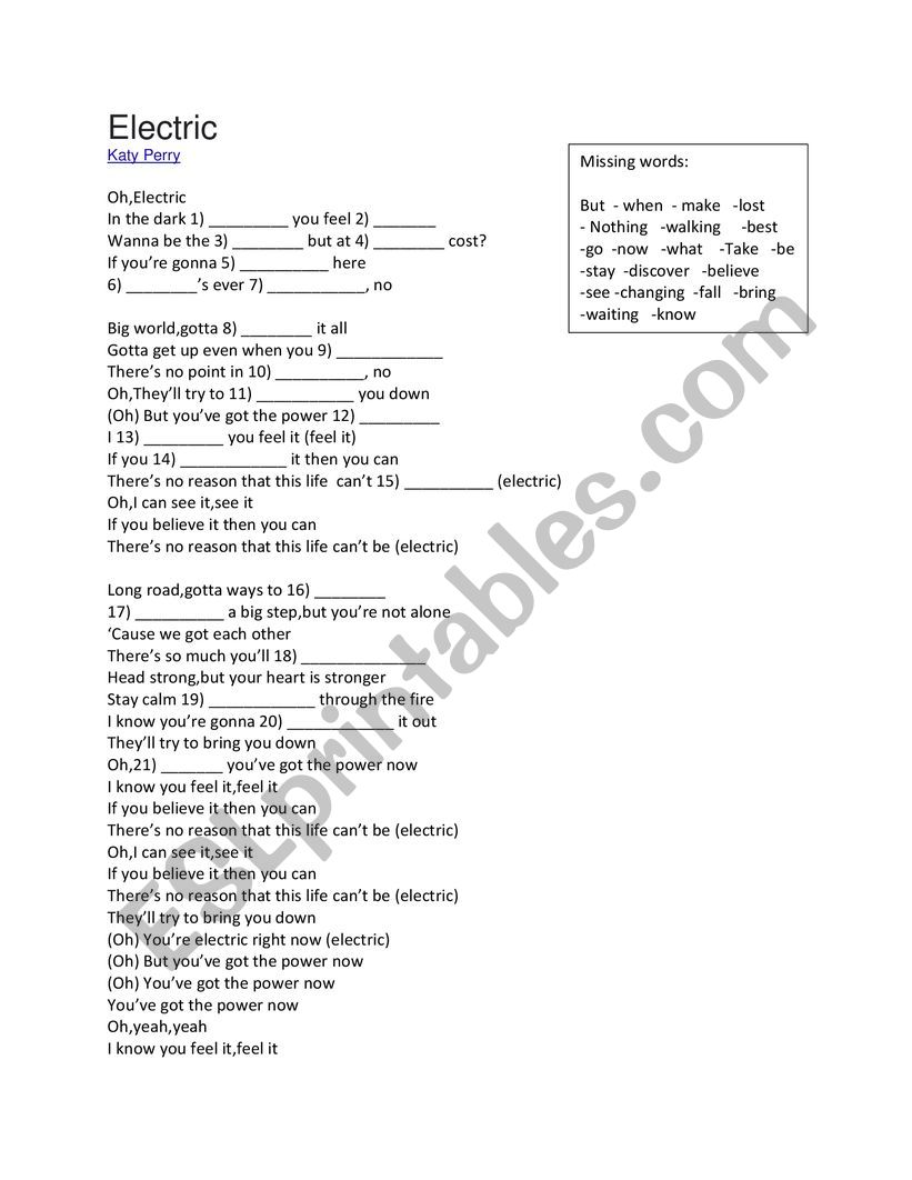Song Electric   By Katy Perry worksheet