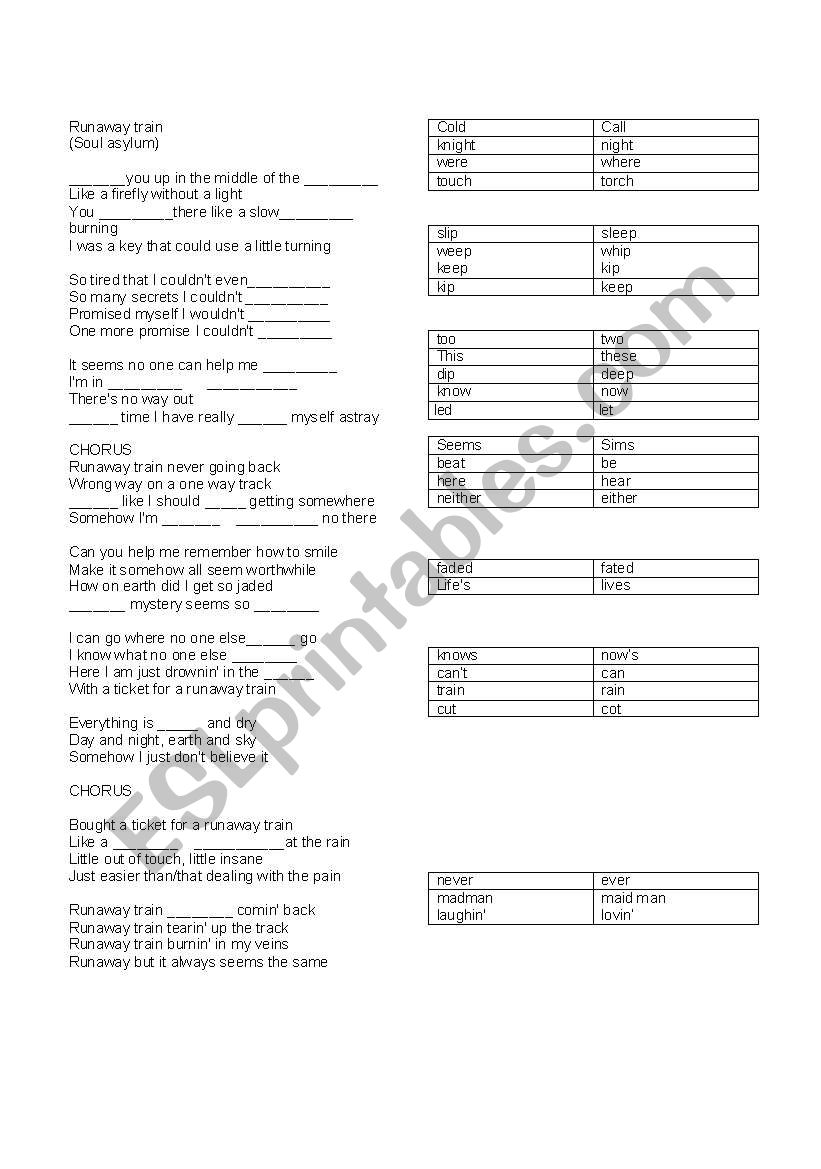 runaway train song worksheet