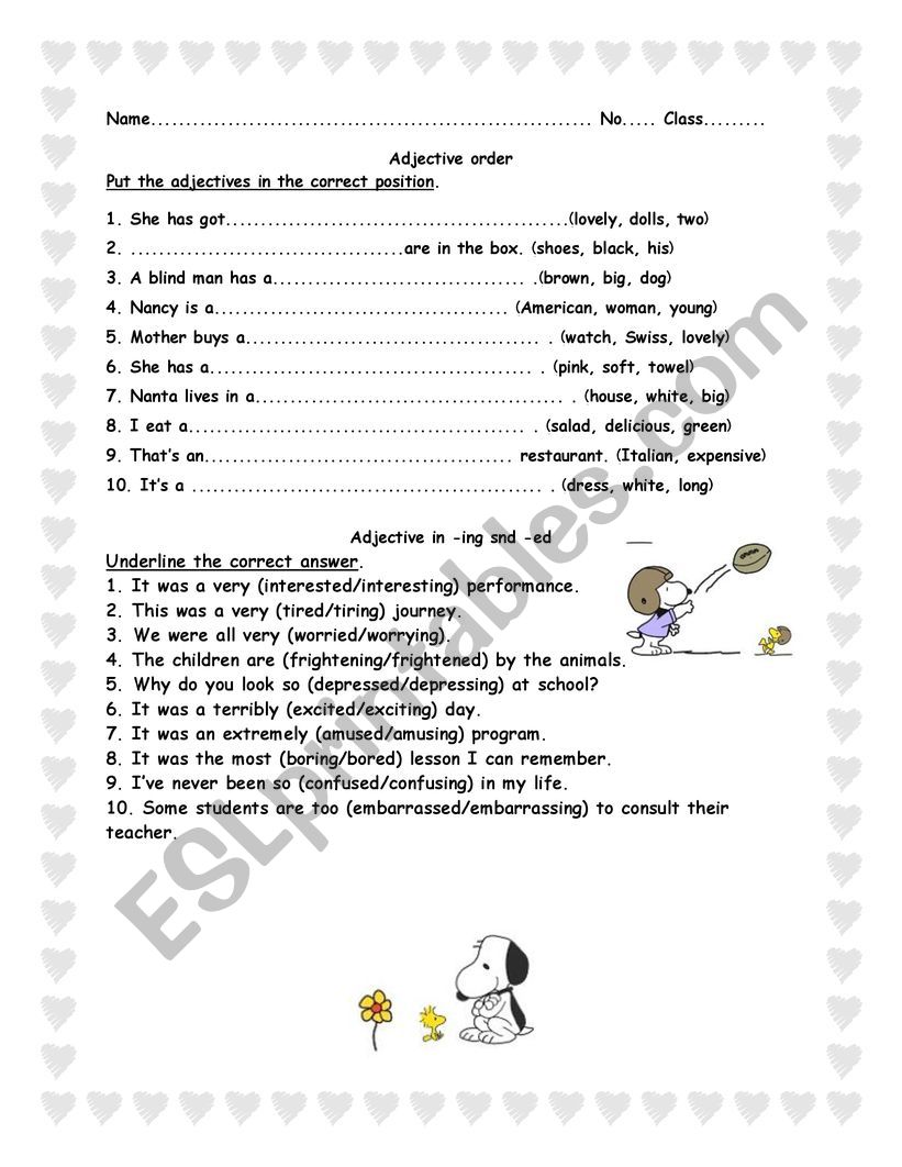 Adjective order worksheet