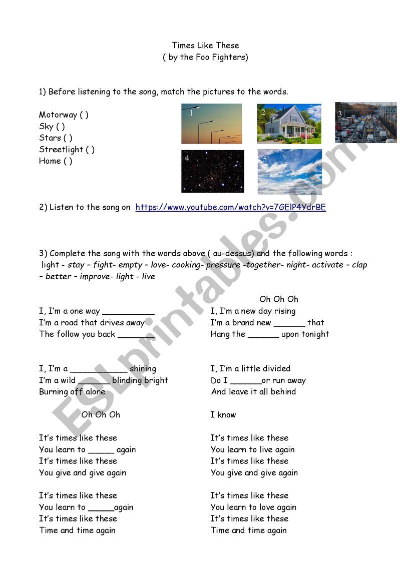 TIMES LIKE THESE song worksheet