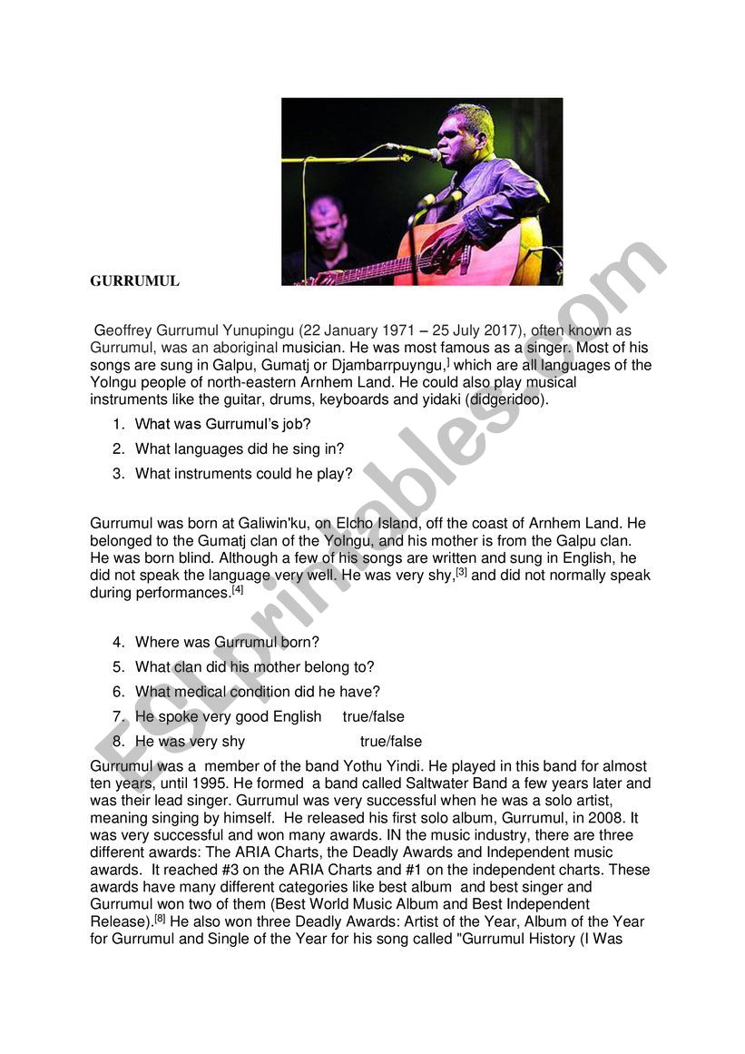 Gurrumul worksheet