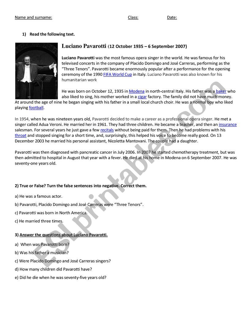 Luciano Pavarotti biography worksheet