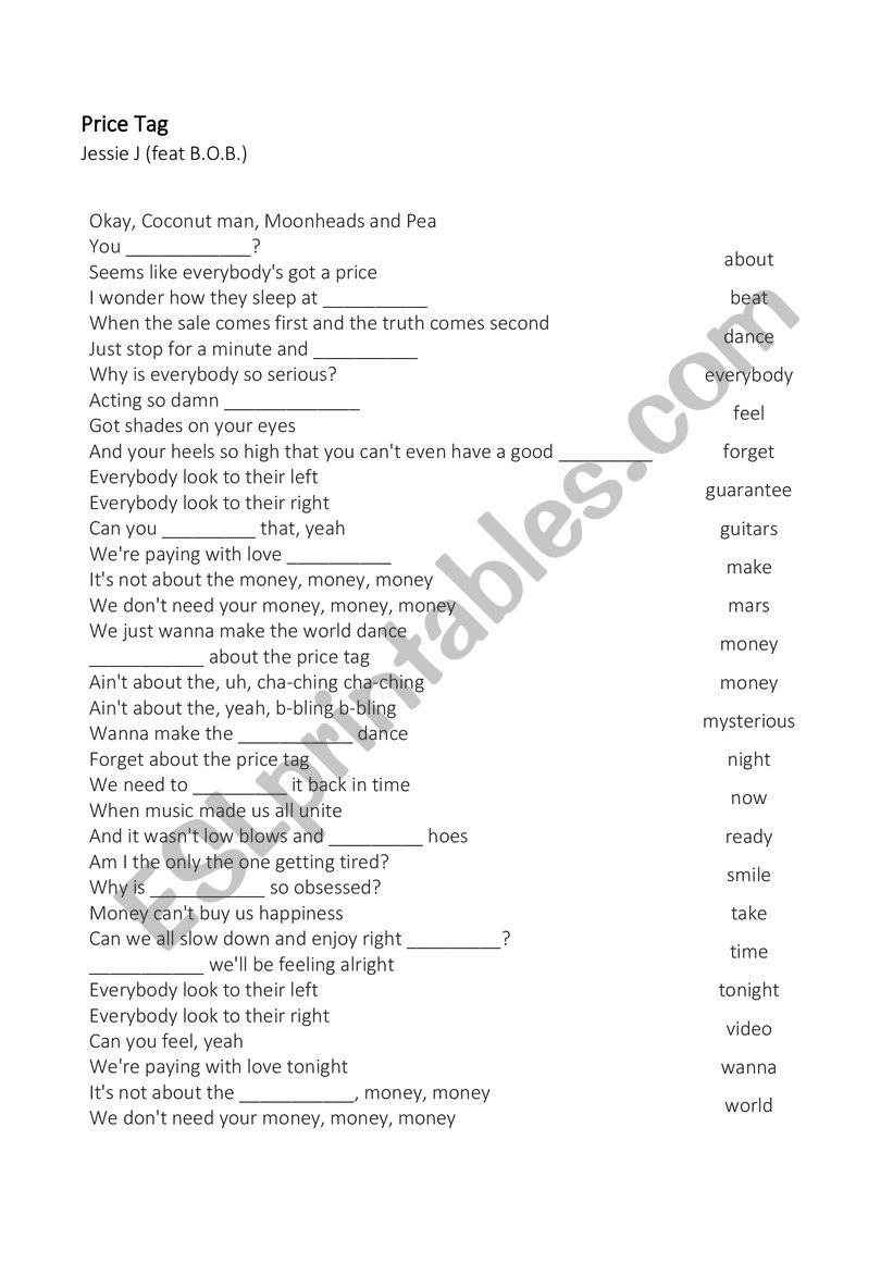 Price Tag_intermediate worksheet