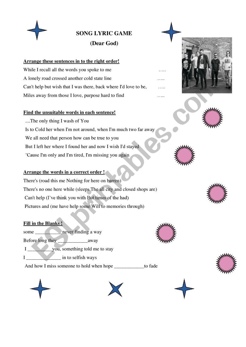 Song game (Dear God) worksheet