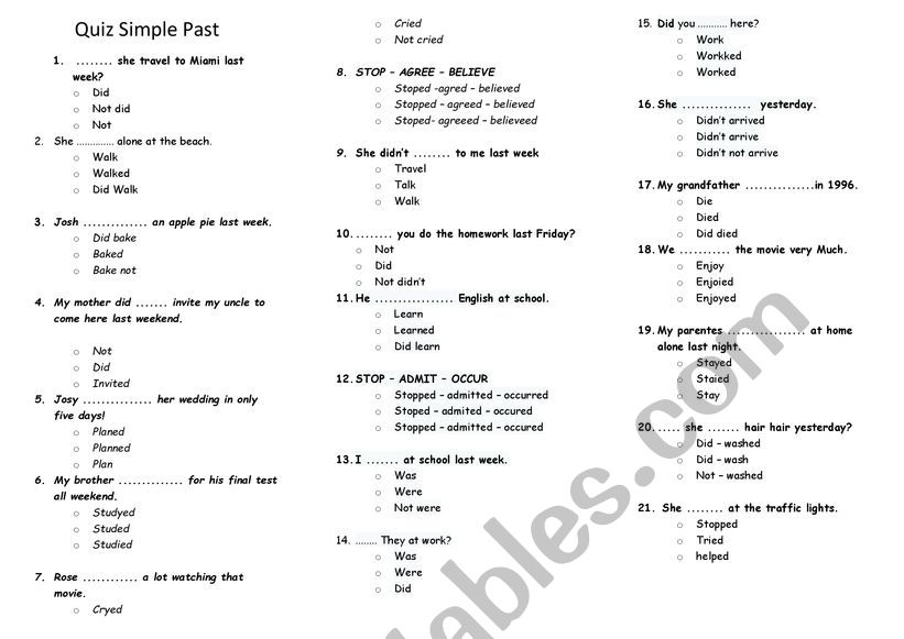 Quiz Simple Past worksheet