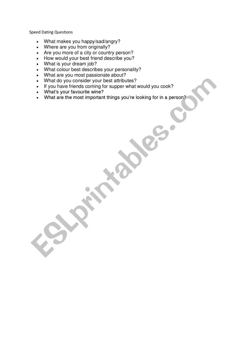 Speed Dating Questions worksheet