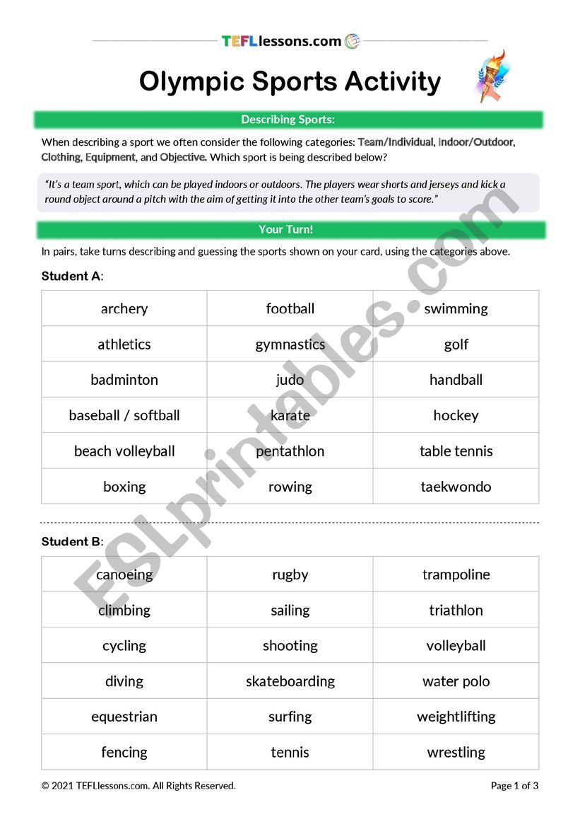 Olympic Sports Activity worksheet