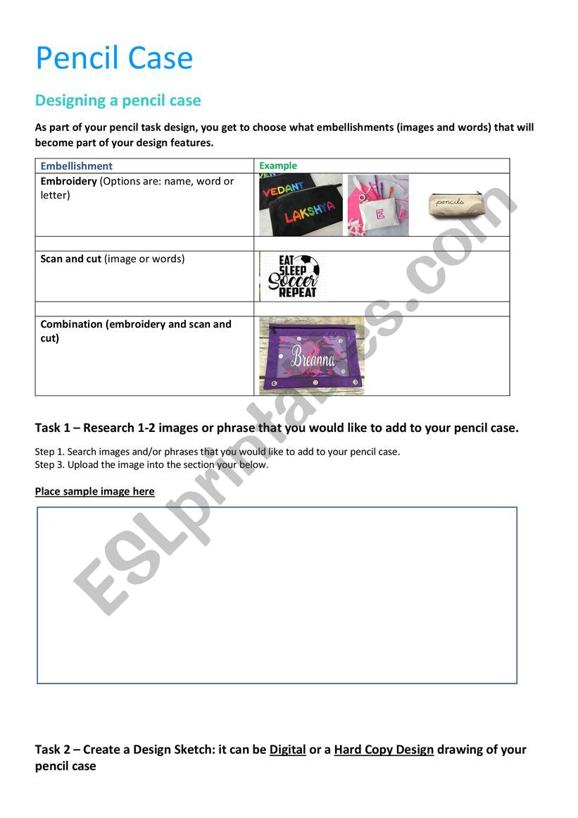 Design a pencil case worksheet