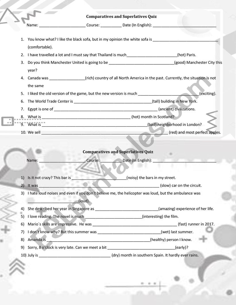 Comparatives and Superlatives worksheet