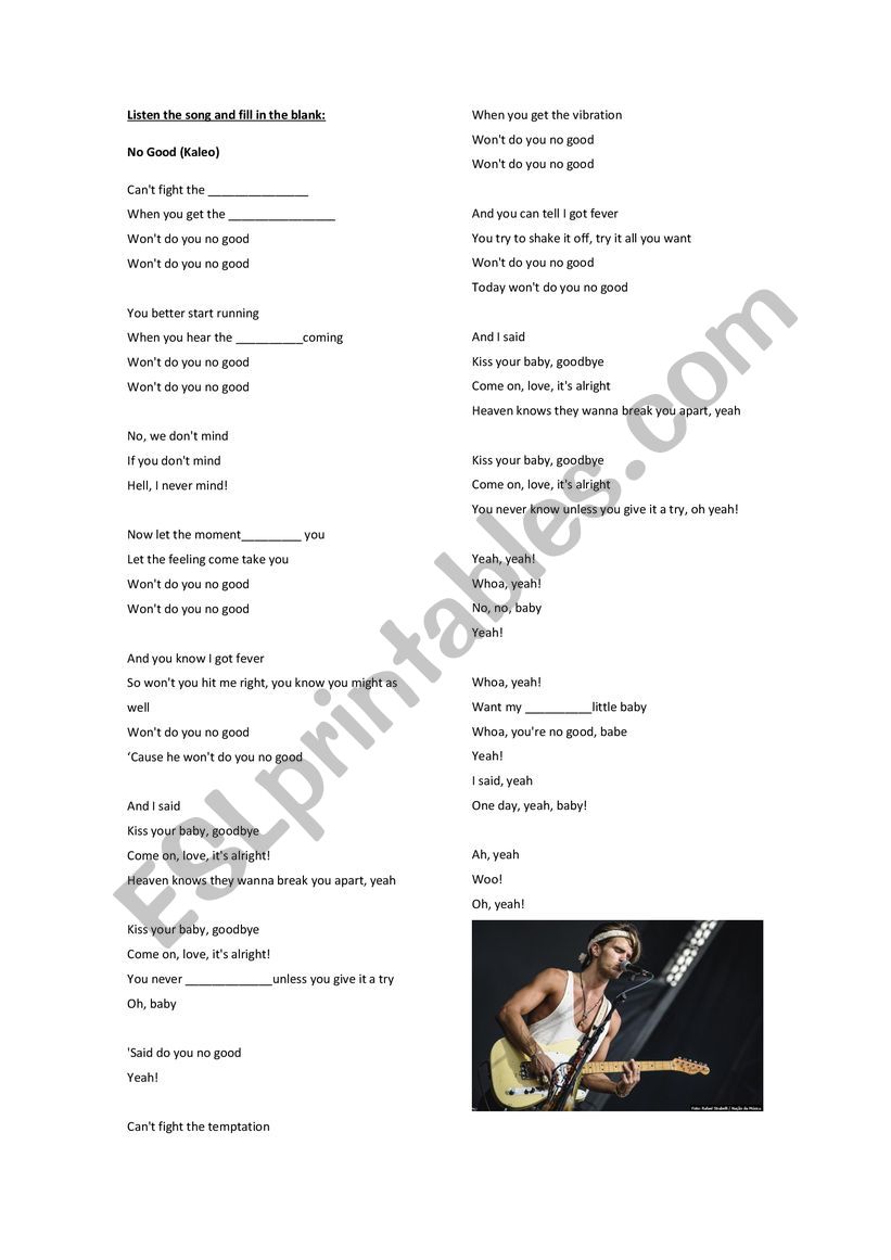 Song: No good (Kaleo) worksheet