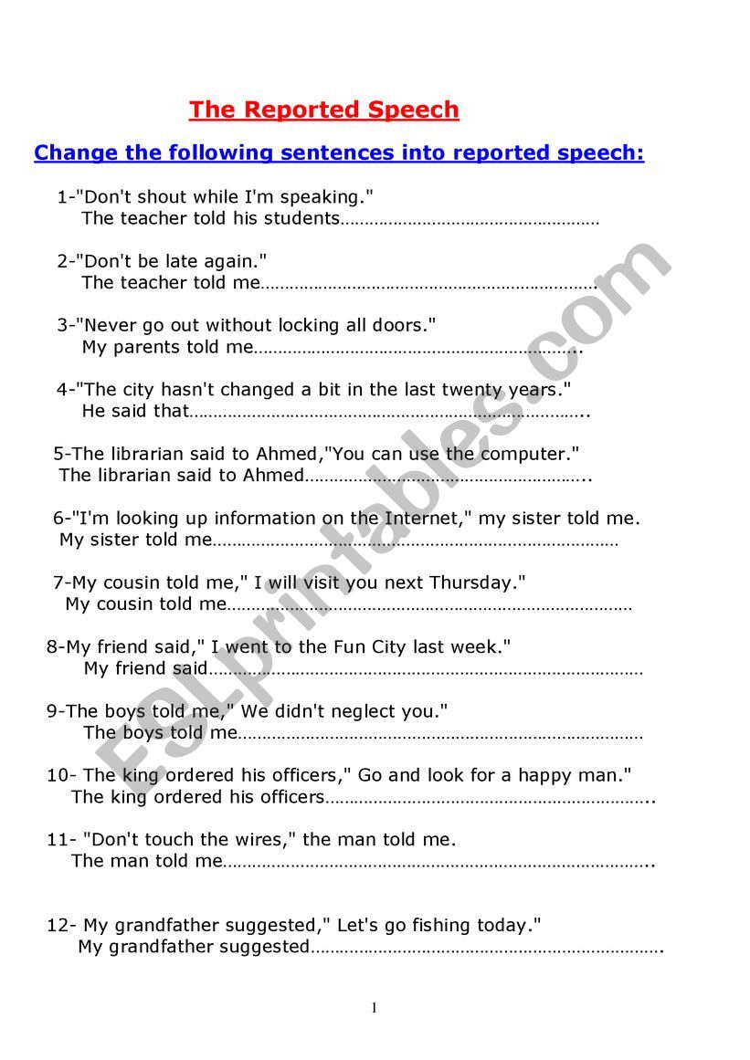 the reported speech worksheet