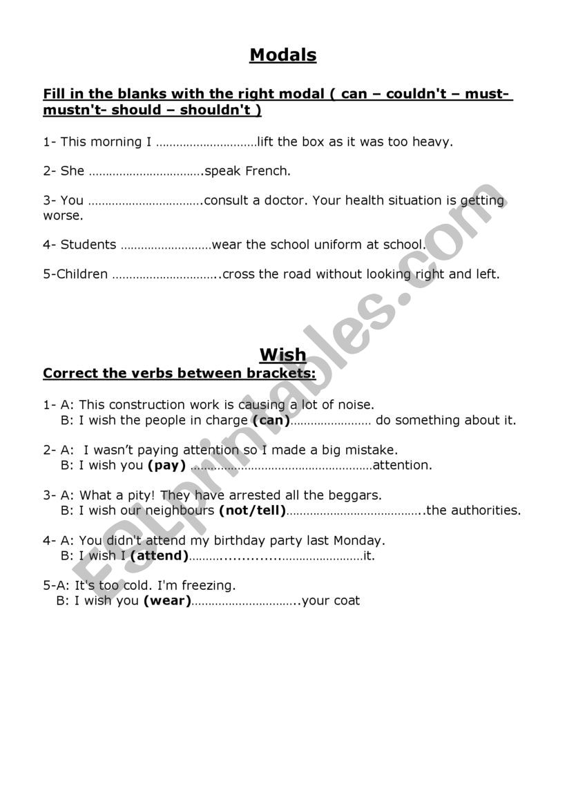 The use of modals and wish worksheet