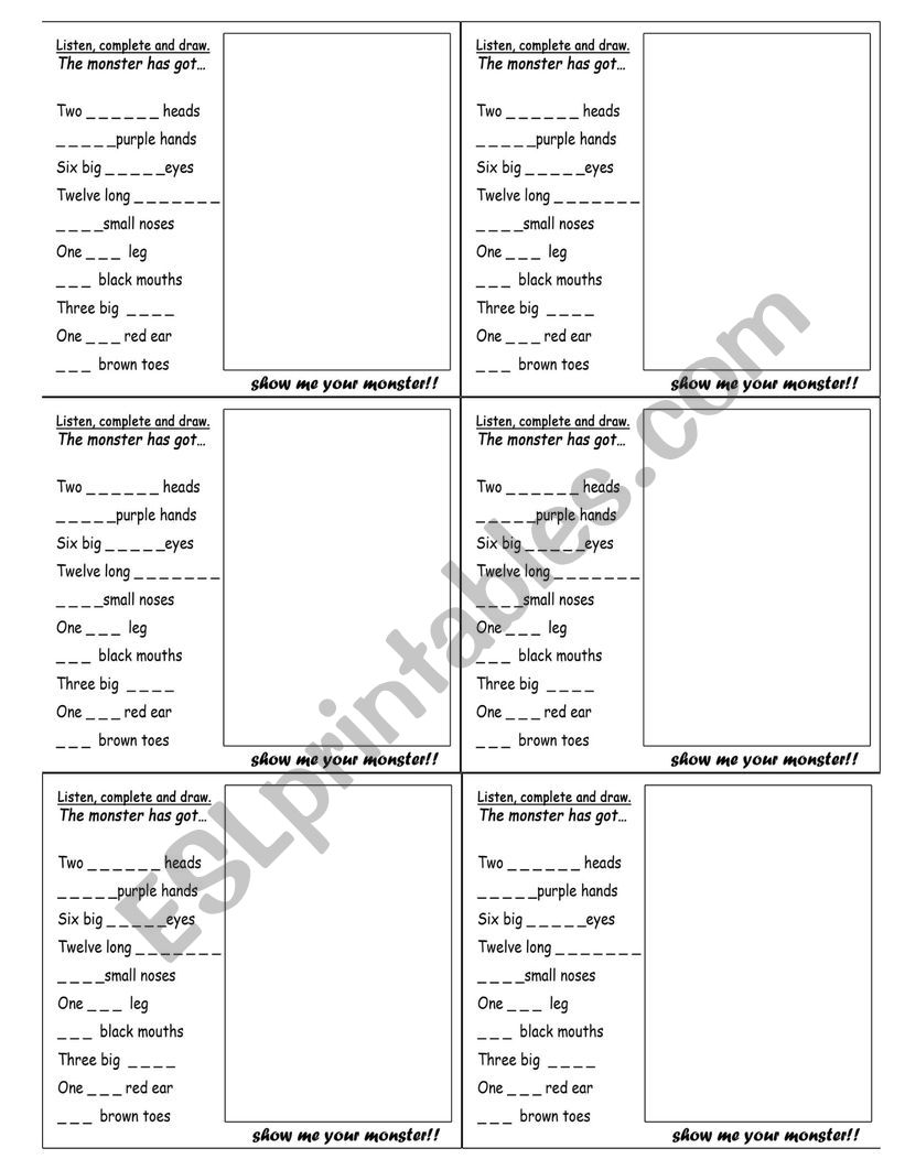 monster body parts worksheet