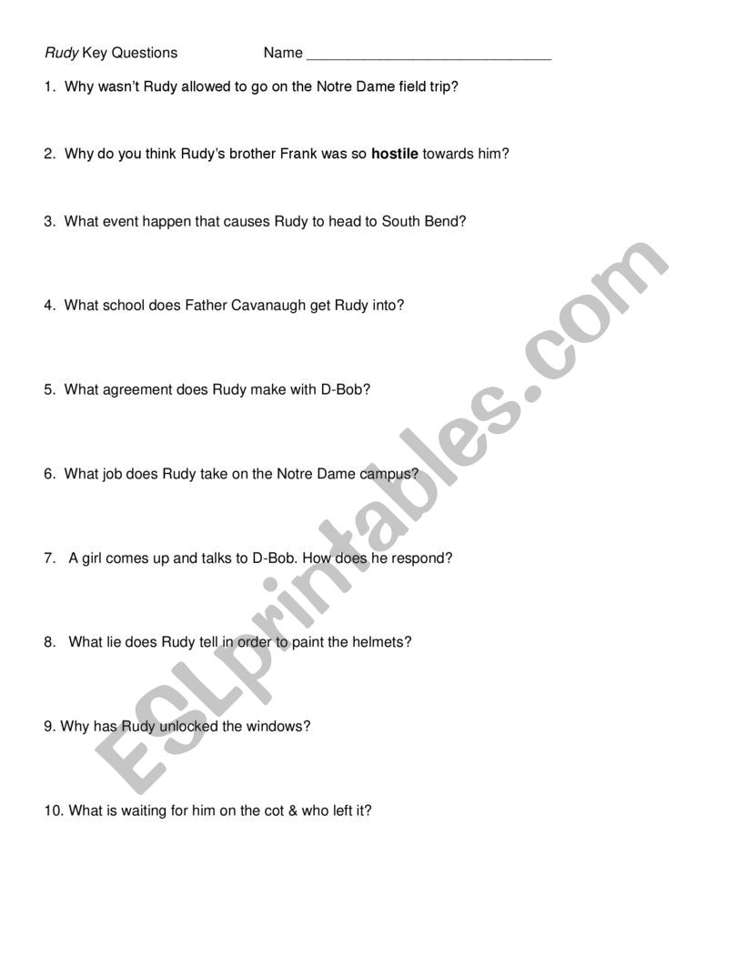 Rudy Movie Worksheet worksheet