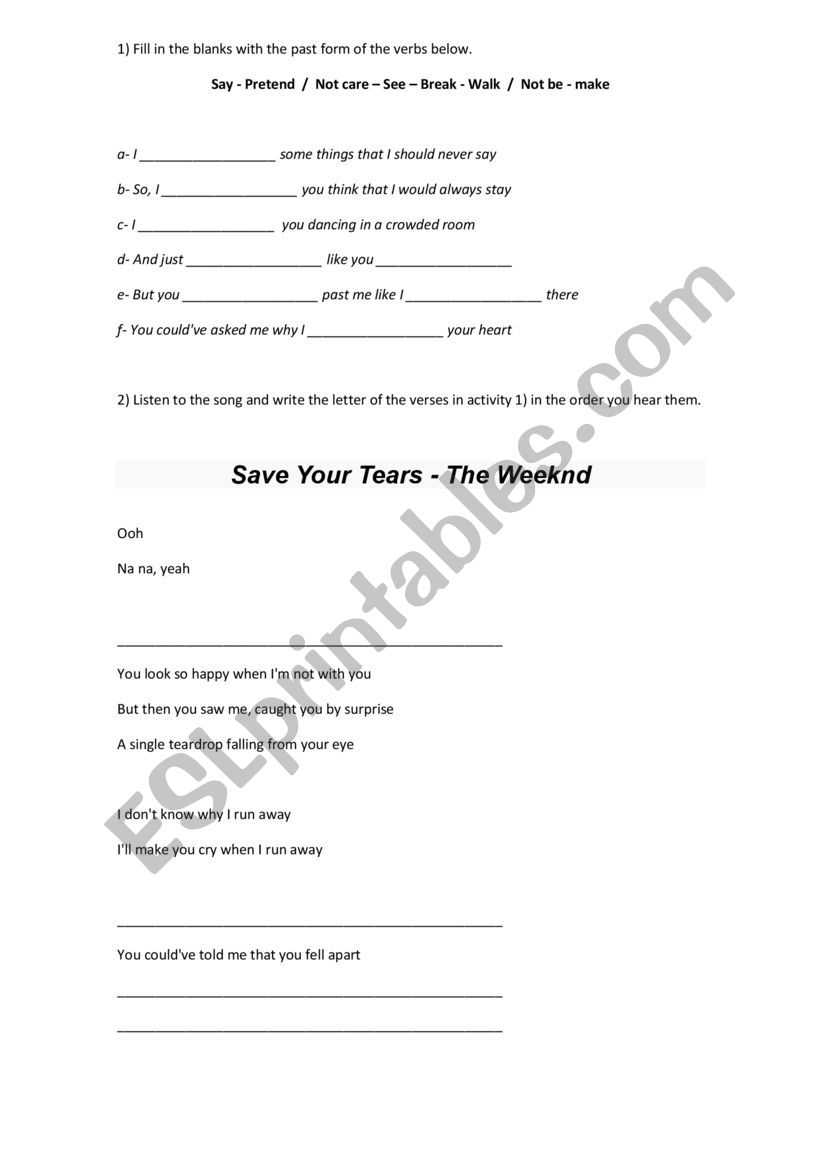 Save your tears - The Weeknd worksheet