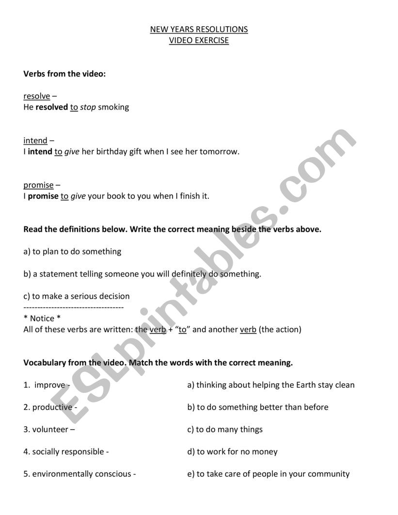 New Years Resolutions worksheet