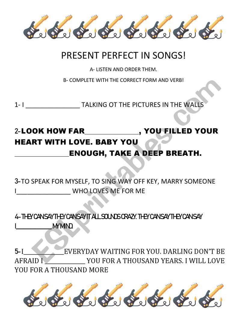 present perfect in songs worksheet