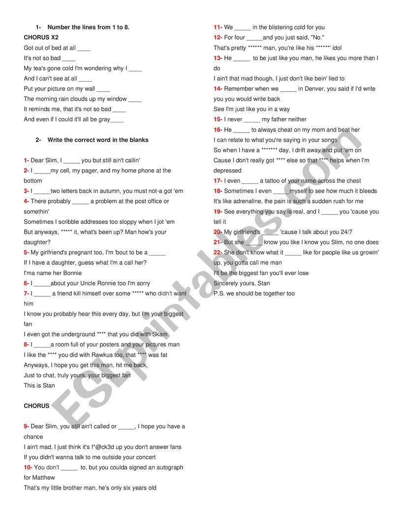 Stan - EMINEM ft Dido worksheet