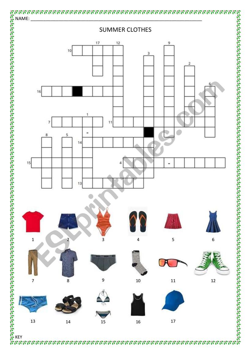 SUMMER CLOTHES CROSSWORDS worksheet