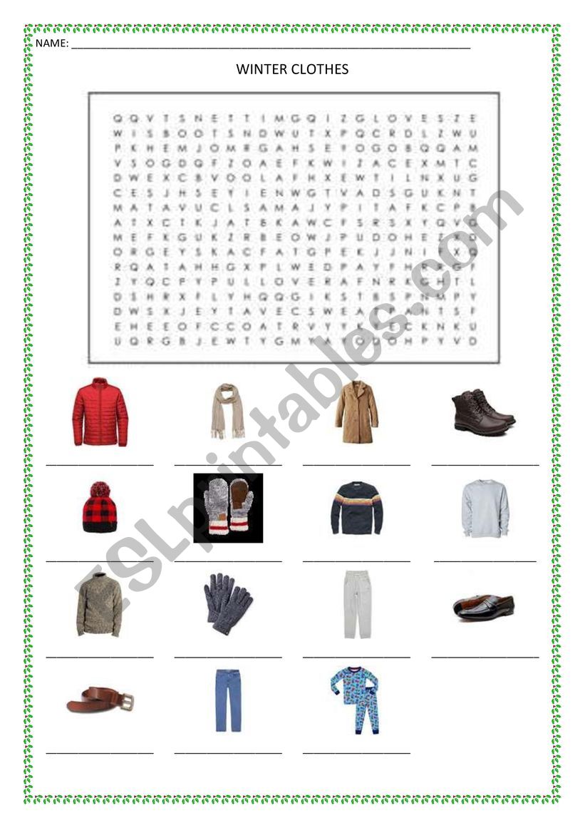 WINTER CLOTHES WORDSEARCH worksheet