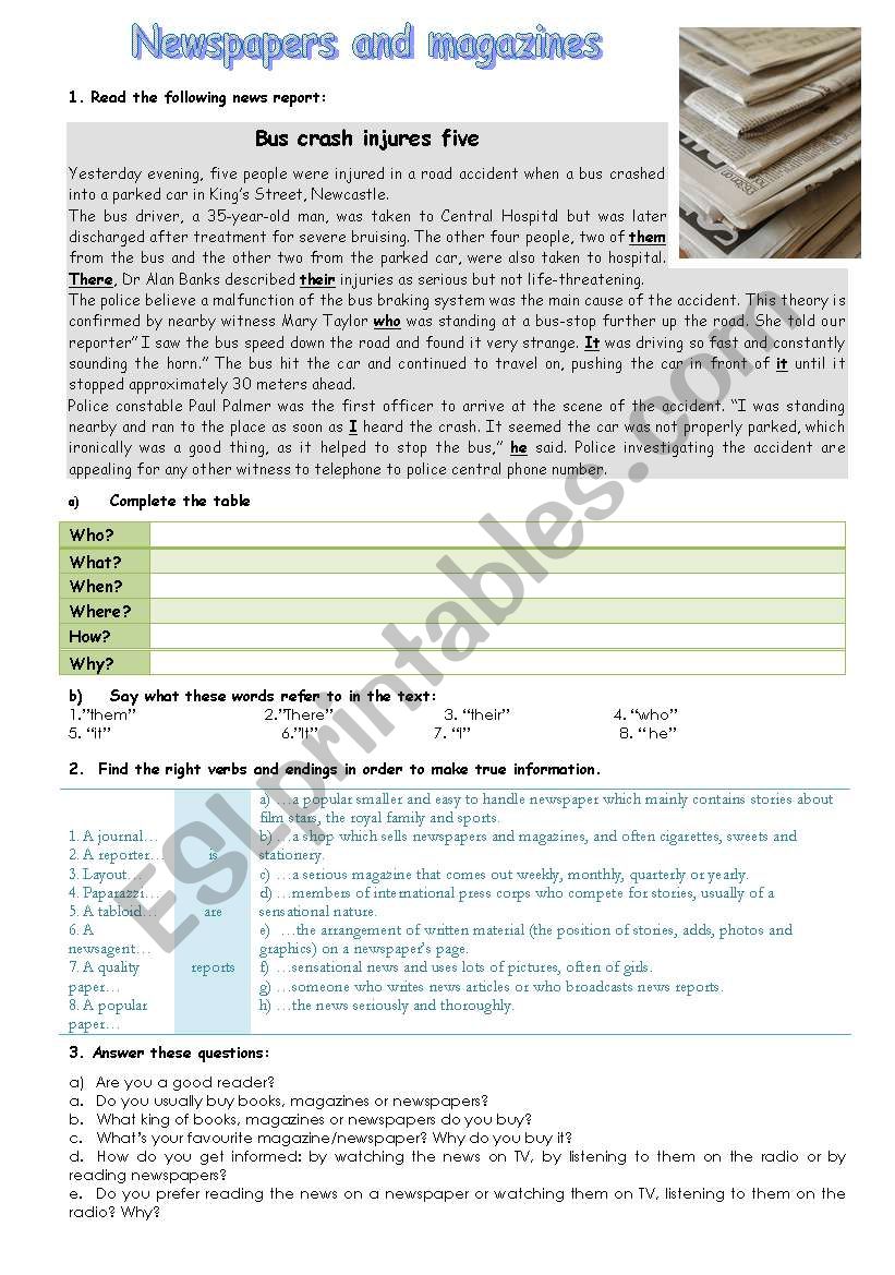 Newspapers worksheet