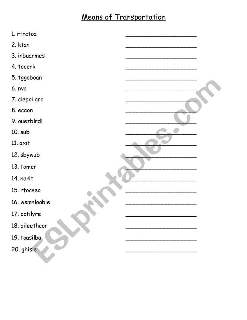 Transportation Scramble worksheet