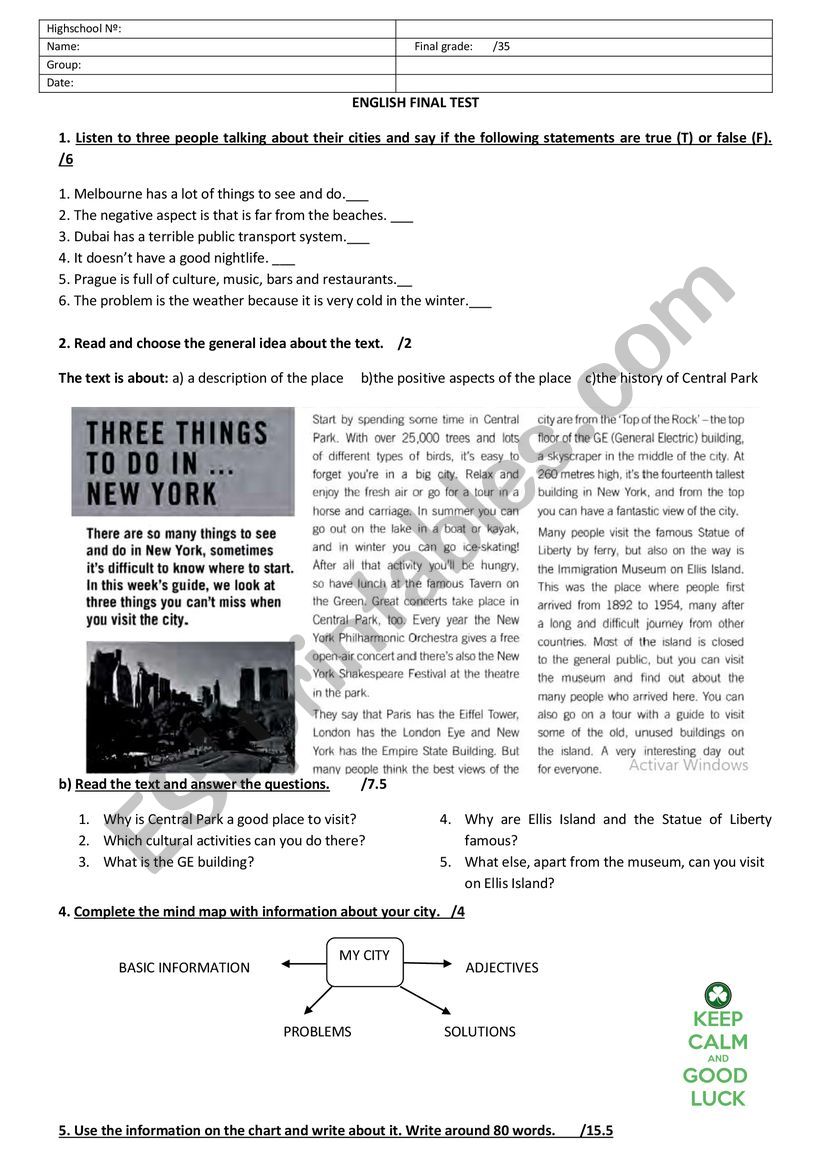 Exam about places worksheet