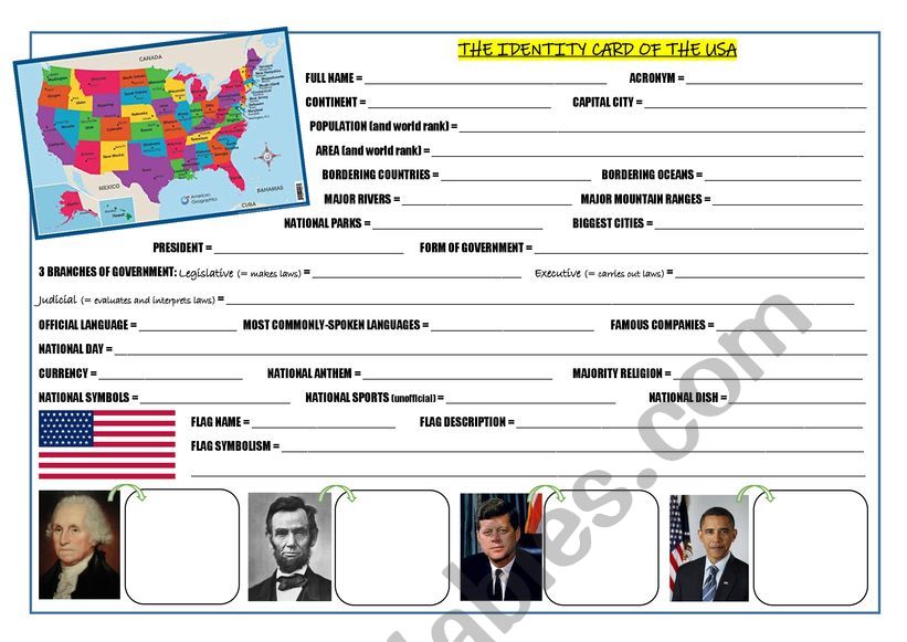 The I.D. card of the USA worksheet