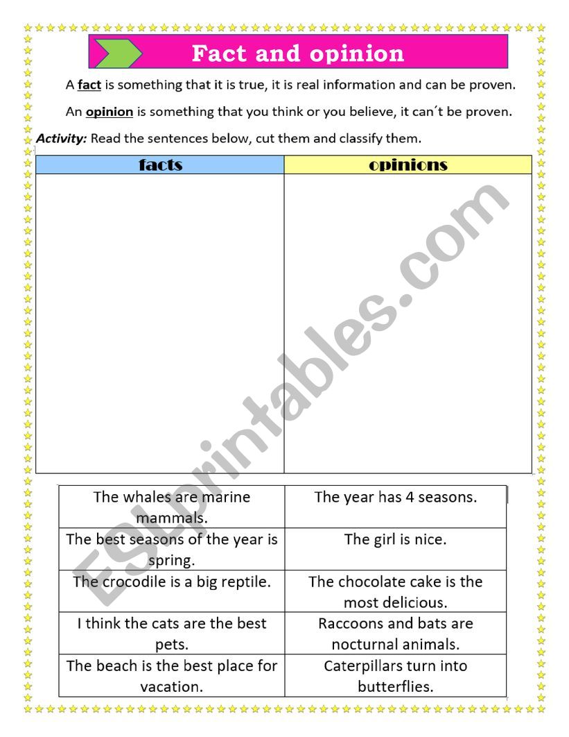 facts and opions worksheet