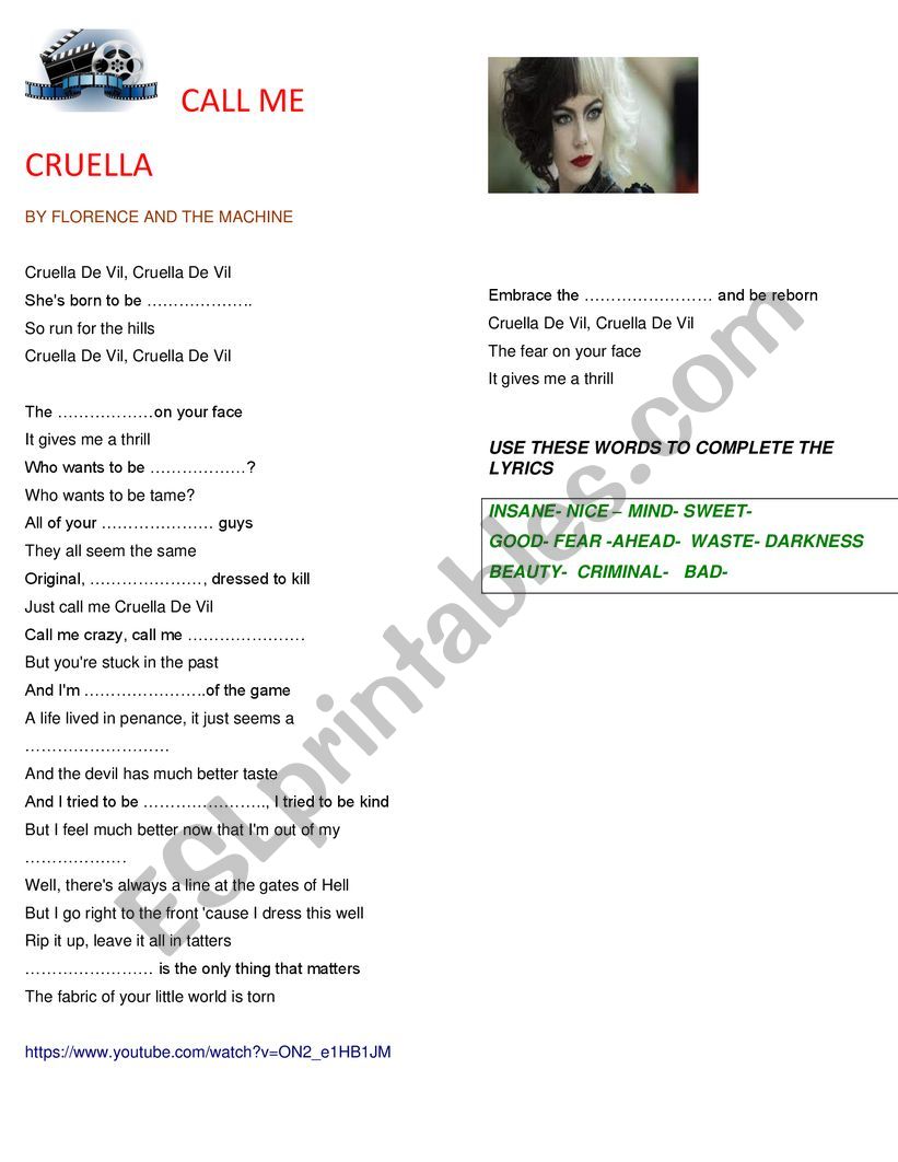 Song Call me Cruella worksheet