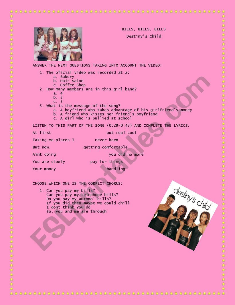 Destiny�s Child-Bills worksheet