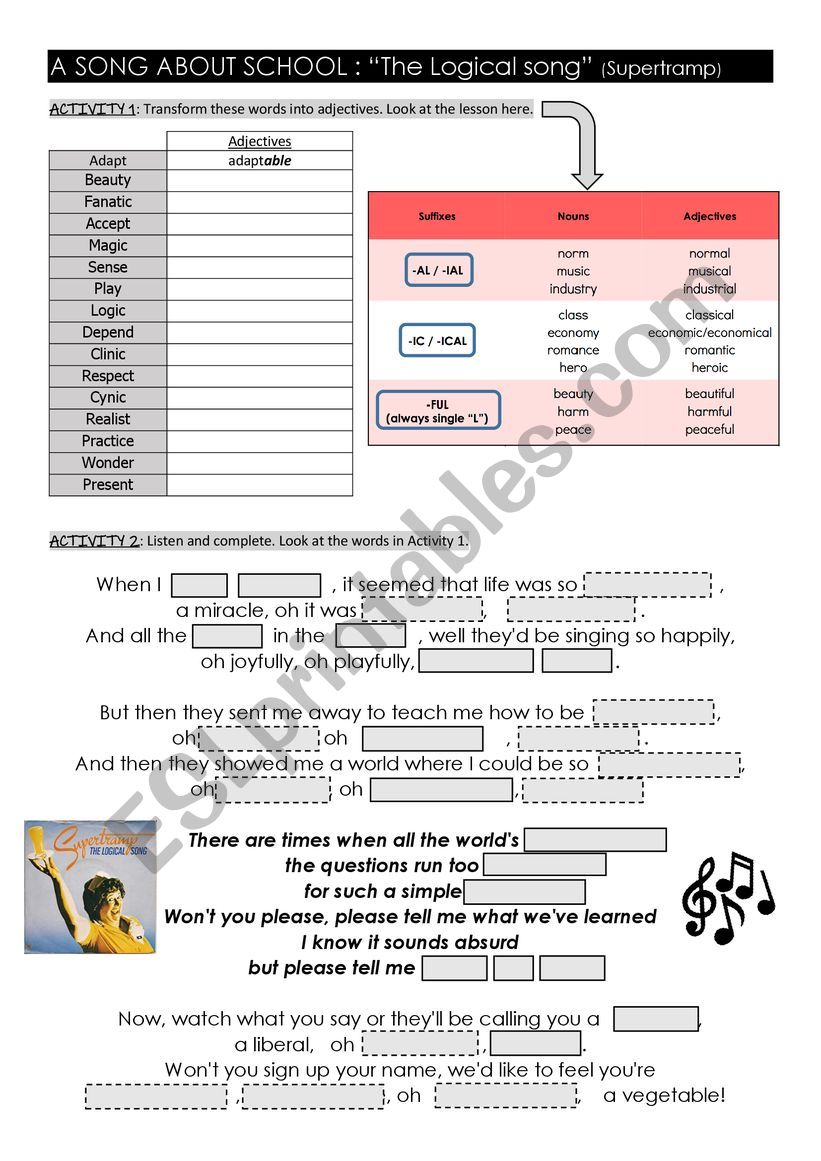 The Logical Song, Supertramp worksheet