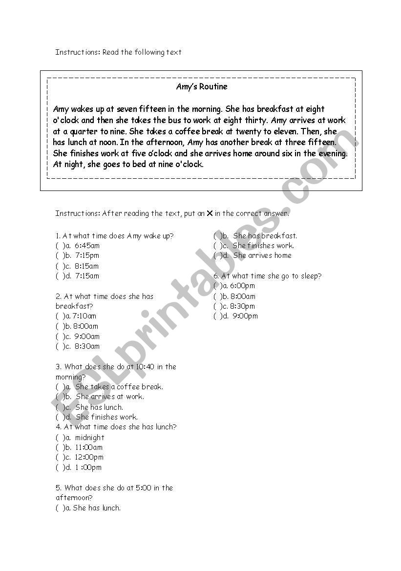 Amys Routine worksheet