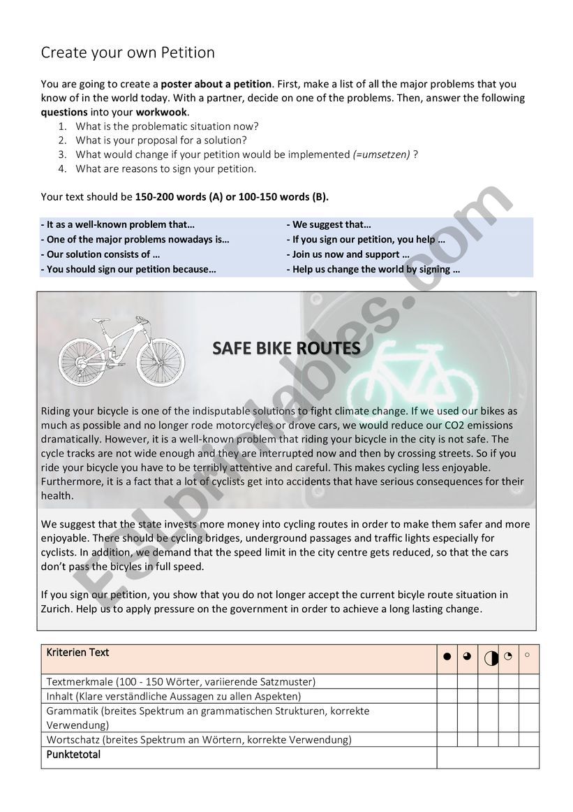 Writing task petition worksheet