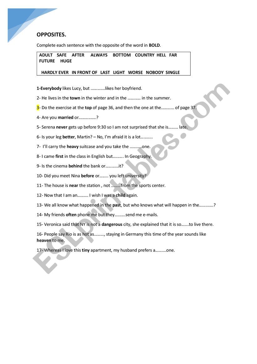 opposites worksheet