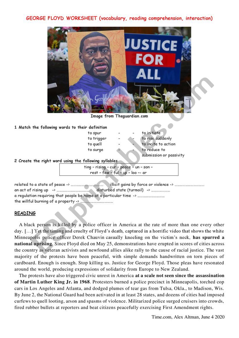 GEORGE FLOYD WORKSHEET - (vocabulary, reading comprehension, expressions, idioms, interaction) GEORGE FLOYD WORKSHEET - (vocabulary, reading comprehension, expressions, idioms, interaction)