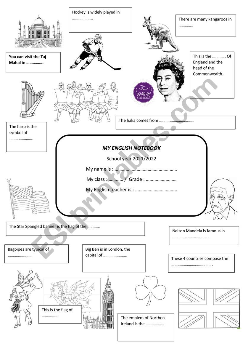 English notebook front page worksheet