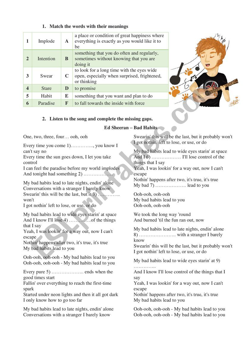 Ed Sheeran- Bad Habit worksheet