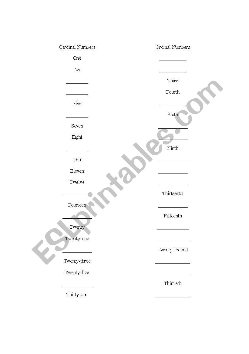 English Worksheets Cardinal And Ordinal Numbers