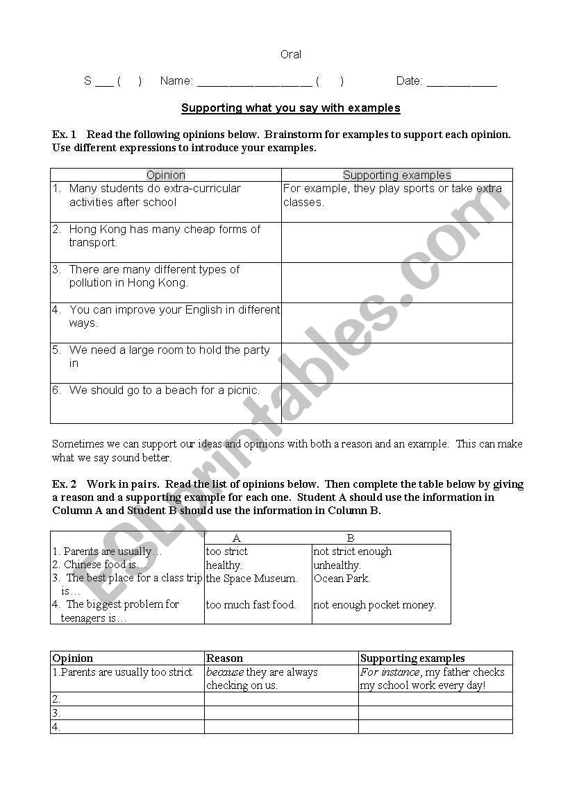 speaking activity - supporting your point with examples