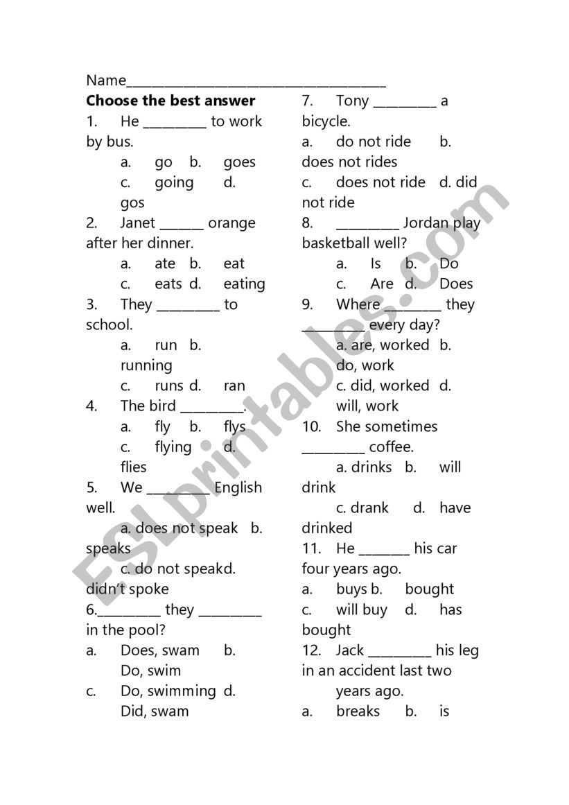 test of Present Simple / present Continuous and Past simple Tense