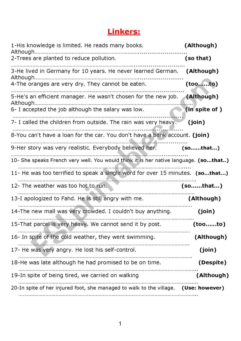 Linkers worksheet