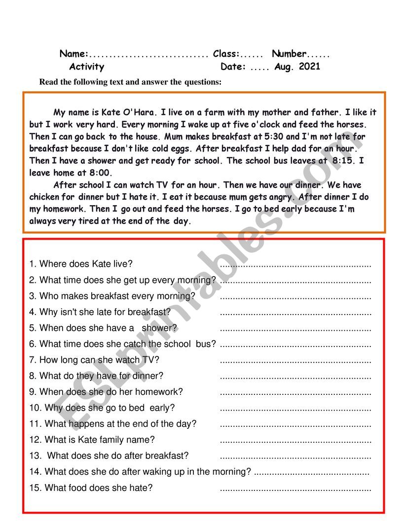 Reading Comprehension worksheet