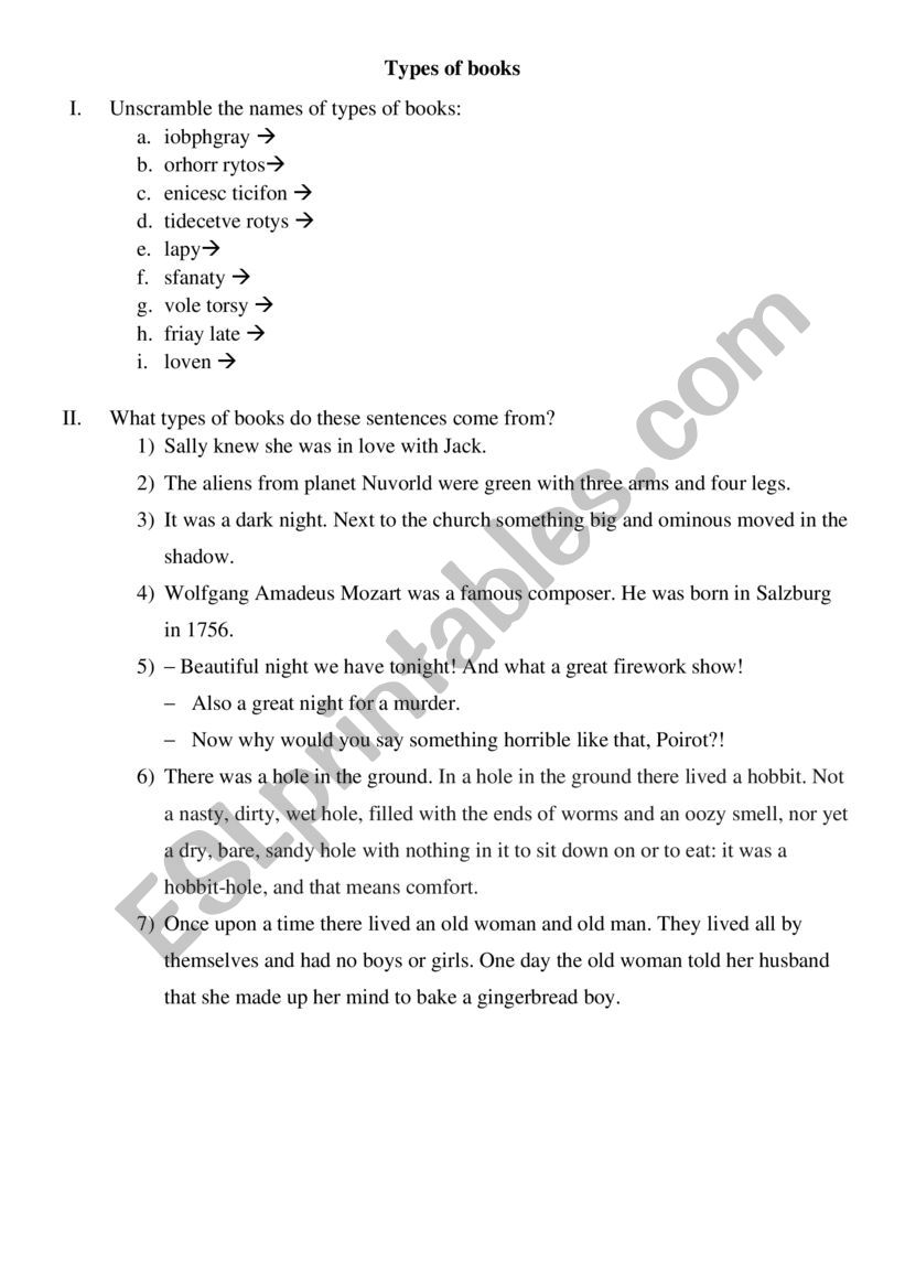 Types of books ESL worksheet by DarinaDarina