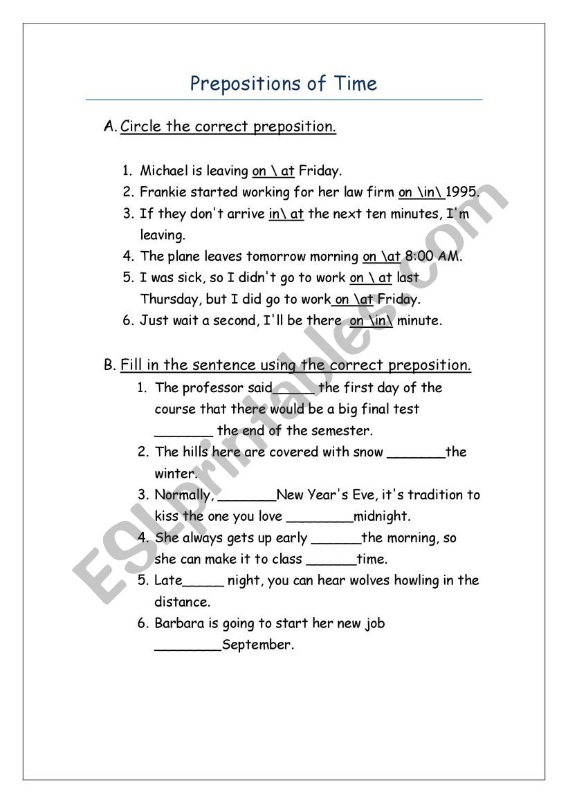 pre- of time worksheet
